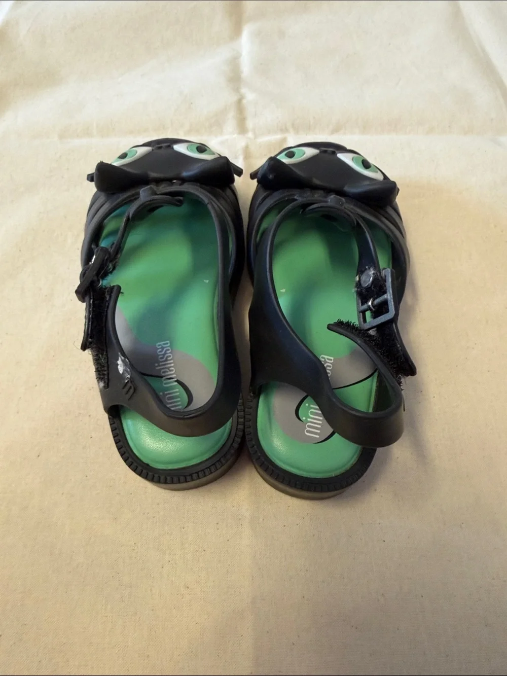 Mini Melissa Black Cat Jelly Sandals with Green Insole